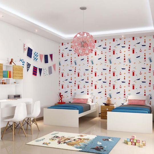 Beach Theme Contemporary Kids Bedroom Design With Two Single Beds