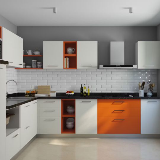 Contemporary L-Shaped Kitchen Design in White and Orange