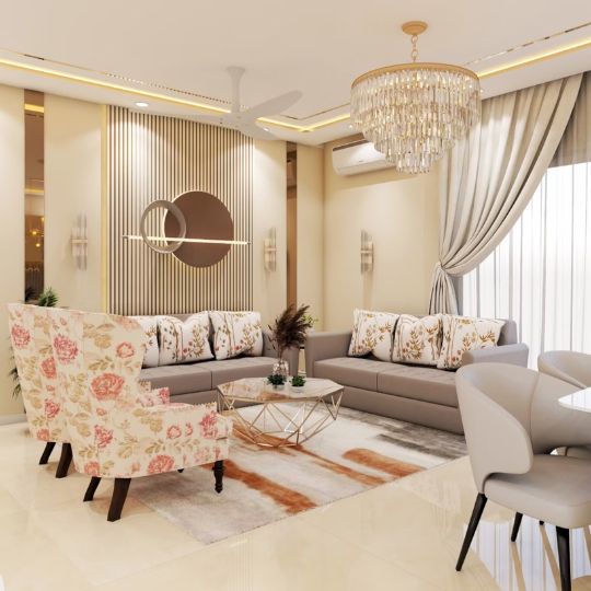 Contemporary Living Room Design with Grey Sofas and Floral Accent Chair