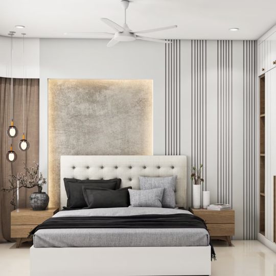 Elegant Master Bedroom Design with Grooved Wall Panels, and Pendant Lights