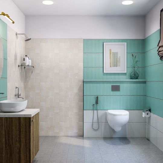 Mid-Century Modern Bathroom Design in Blue and White Tile With Vanity