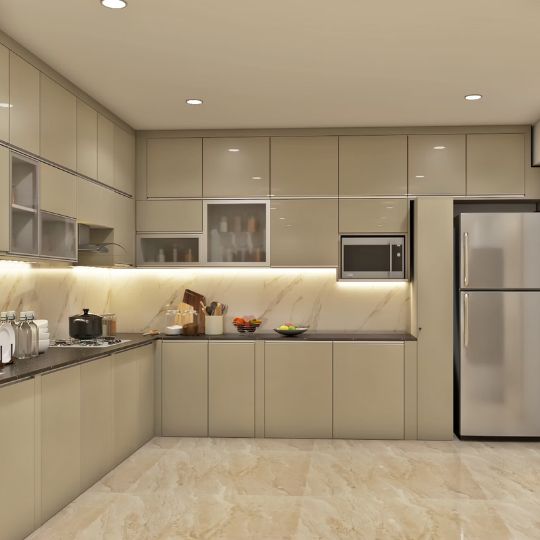 Minimal L-Shaped Kitchen Design with Cabinets and Tall Unit