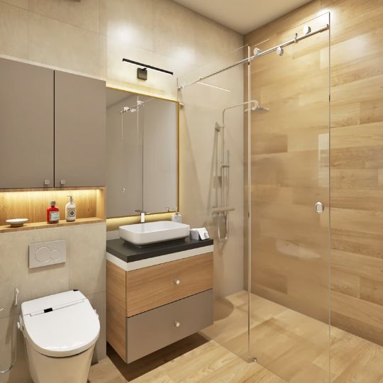 Modern Bathroom Design with Vanity Storage and Functional Glass Partition