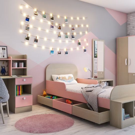 Modern Kids Bedroom Design with Study, Wardrobe, and Photo Lights