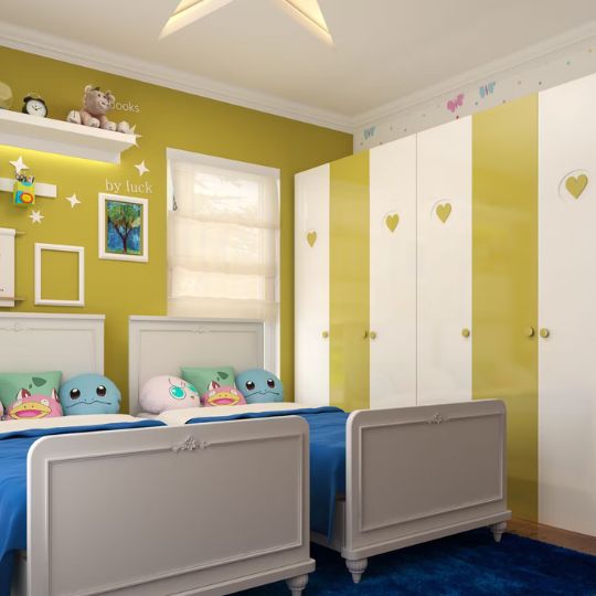 Modern Kids Bedroom Design With Twin Beds and Lime Green Walls