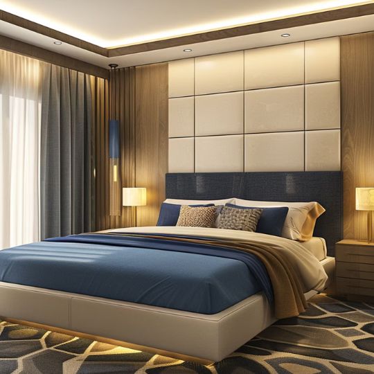 Modern Master Bedroom Design with Cream Fabric Walls