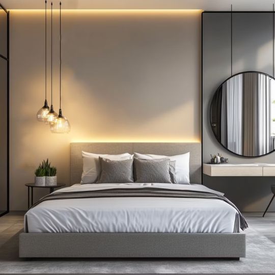 Modern Master Bedroom Design with King Bed and Cream Wall Panels