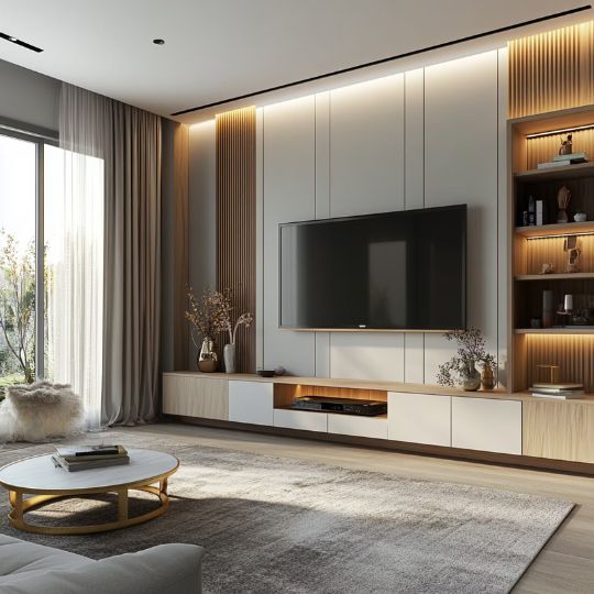 Modern TV Unit Design with Wooden Fluted Panel and Wall-Mounted Storage