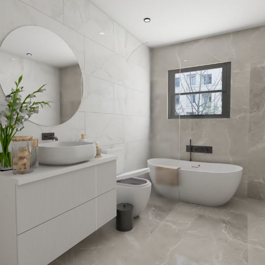 Modern White Bathroom Design With Dark Grey Wall-Mounted Vanity Unit And Dark Grey Textured Flooring