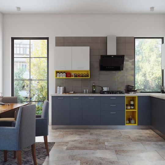 Stylish L-Shaped Kitchen Design with Yellow Accents and Corian Countertops