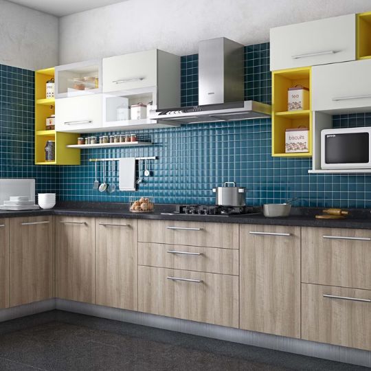 Walnut, White and Yellow Contemporary L-Shaped Kitchen Design